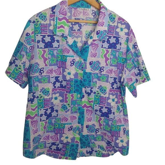 Beach Tops - Vtg Cricket Lane Womens L Blouse Short Slv Beach Fish Tropical Floral Geometric